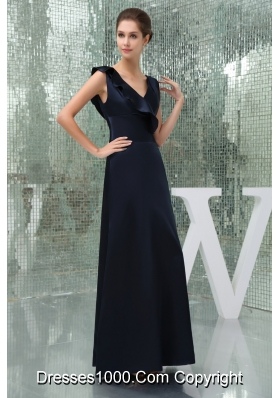 Ankle-length V-neck Fitted Navy Blue Prom  Dress