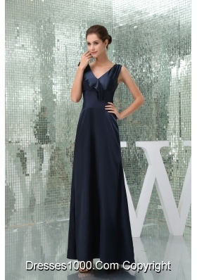 Ankle-length V-neck Fitted Navy Blue Prom  Dress