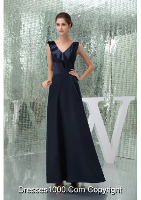 Ankle-length V-neck Fitted Navy Blue Prom  Dress