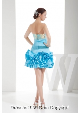 Aqua Blue Strapless Hand Made Flowers Short Prom Gowns with Embroidery