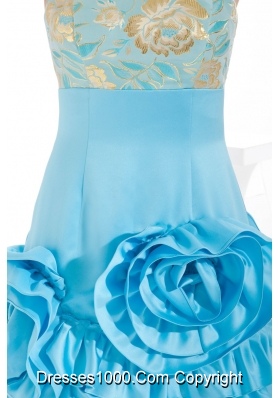 Aqua Blue Strapless Hand Made Flowers Short Prom Gowns with Embroidery