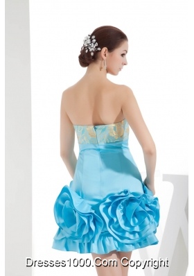 Aqua Blue Strapless Hand Made Flowers Short Prom Gowns with Embroidery