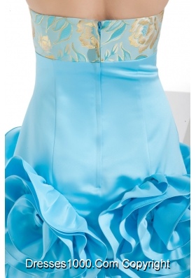 Aqua Blue Strapless Hand Made Flowers Short Prom Gowns with Embroidery