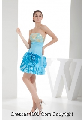 Aqua Blue Strapless Hand Made Flowers Short Prom Gowns with Embroidery