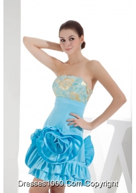 Aqua Blue Strapless Hand Made Flowers Short Prom Gowns with Embroidery