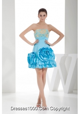 Aqua Blue Strapless Hand Made Flowers Short Prom Gowns with Embroidery