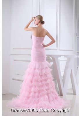 Baby Pink Brush Train Sweetheart Beaded Prom Dress with Ruffle