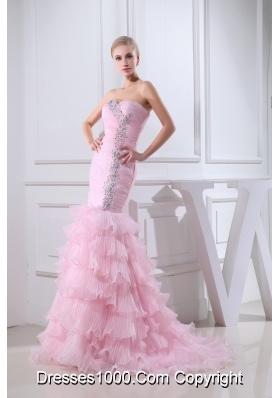 Baby Pink Brush Train Sweetheart Beaded Prom Dress with Ruffle