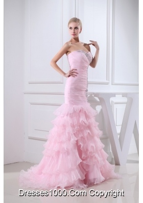 Baby Pink Brush Train Sweetheart Beaded Prom Dress with Ruffle