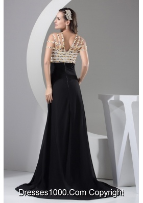 Beading and High Slit Decorated Brush Train Prom Dress with Cool Neckline