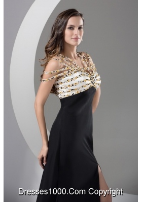 Beading and High Slit Decorated Brush Train Prom Dress with Cool Neckline