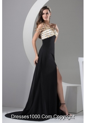 Beading and High Slit Decorated Brush Train Prom Dress with Cool Neckline