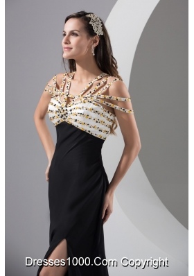 Beading and High Slit Decorated Brush Train Prom Dress with Cool Neckline