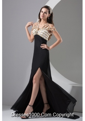 Beading and High Slit Decorated Brush Train Prom Dress with Cool Neckline