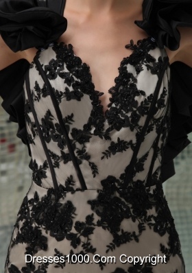 Black and Champagne Long Prom Dress with Appliques