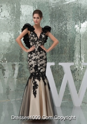 Black and Champagne Long Prom Dress with Appliques