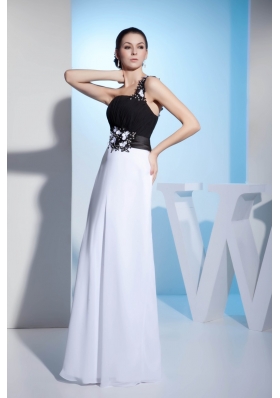 Black and White One Shoulder Appliques Prom Dress with Chiffon