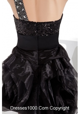 Black One Shoulder Beaded Ruffles Short Prom Dress