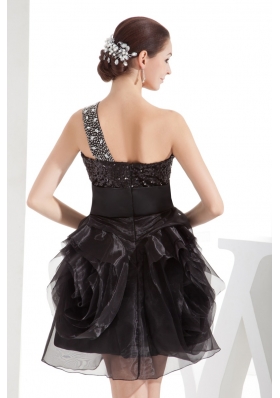 Black One Shoulder Beaded Ruffles Short Prom Dress