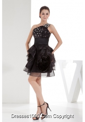 Black One Shoulder Beaded Ruffles Short Prom Dress