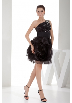 Black One Shoulder Beaded Ruffles Short Prom Dress