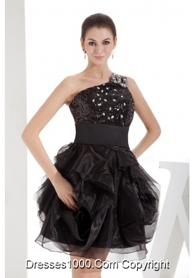 Black One Shoulder Beaded Ruffles Short Prom Dress