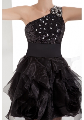 Black One Shoulder Beaded Ruffles Short Prom Dress