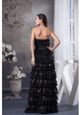 Black Ruffled Layers Strapless Floor-length Prom Dress with Ruched Sash