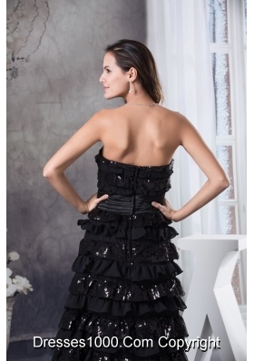 Black Ruffled Layers Strapless Floor-length Prom Dress with Ruched Sash