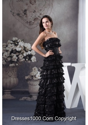 Black Ruffled Layers Strapless Floor-length Prom Dress with Ruched Sash