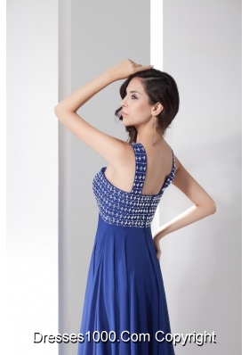 Blue Empire V-neck Prom Gowns Decorated with Shining Beadings