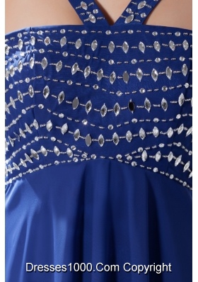 Blue Empire V-neck Prom Gowns Decorated with Shining Beadings