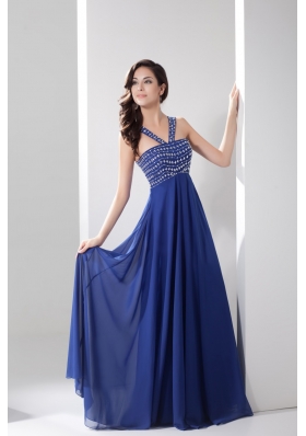 Blue Empire V-neck Prom Gowns Decorated with Shining Beadings