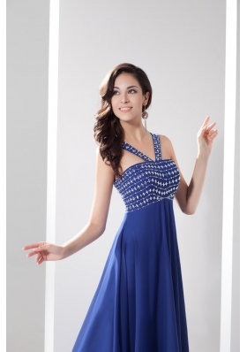 Blue Empire V-neck Prom Gowns Decorated with Shining Beadings