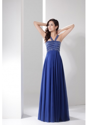 Blue Empire V-neck Prom Gowns Decorated with Shining Beadings
