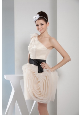 Champagne Rolling Flower Mini-length Prom Gown Dress with Black Sash