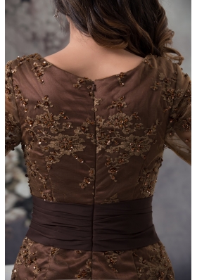 Chocalate Beaded Long Sleeve Embroidery Column Prom Dress