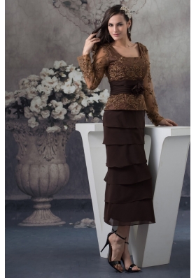 Chocalate Beaded Long Sleeve Embroidery Column Prom Dress