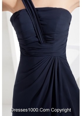 Column One Shoulder Navy Blue Chiffon Prom Gowns with Ruching