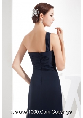 Column One Shoulder Navy Blue Chiffon Prom Gowns with Ruching