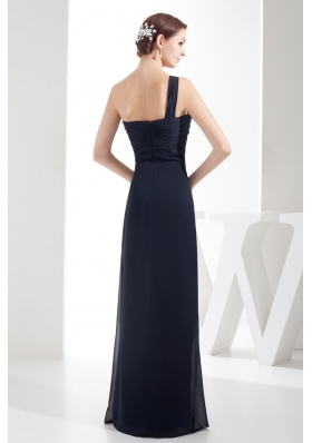 Column One Shoulder Navy Blue Chiffon Prom Gowns with Ruching