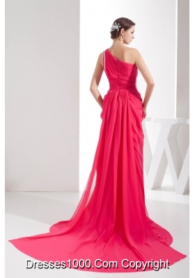 Coral Red One Shoulder Watteau Train Prom Dress for 2013