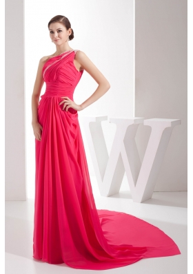 Coral Red One Shoulder Watteau Train Prom Dress for 2013