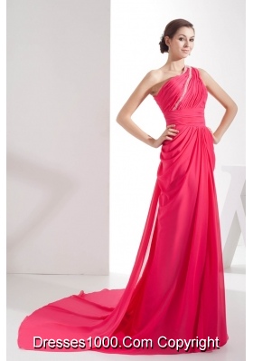 Coral Red One Shoulder Watteau Train Prom Dress for 2013