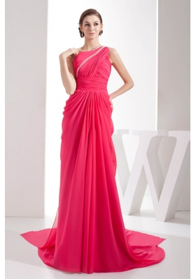 Coral Red One Shoulder Watteau Train Prom Dress for 2013