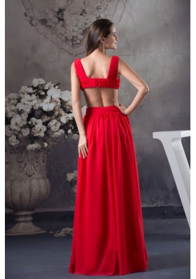 Deep V-neck Floor-length Red Prom Gown with Half Open Back