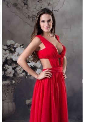 Deep V-neck Floor-length Red Prom Gown with Half Open Back