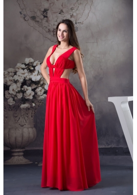 Deep V-neck Floor-length Red Prom Gown with Half Open Back