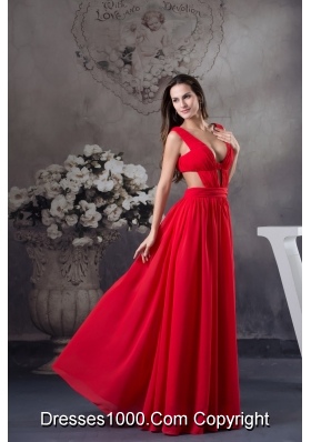 Deep V-neck Floor-length Red Prom Gown with Half Open Back