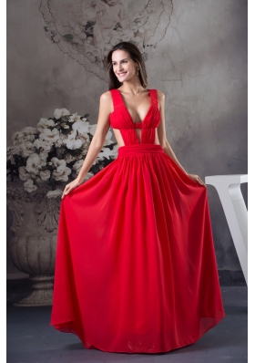 Deep V-neck Floor-length Red Prom Gown with Half Open Back